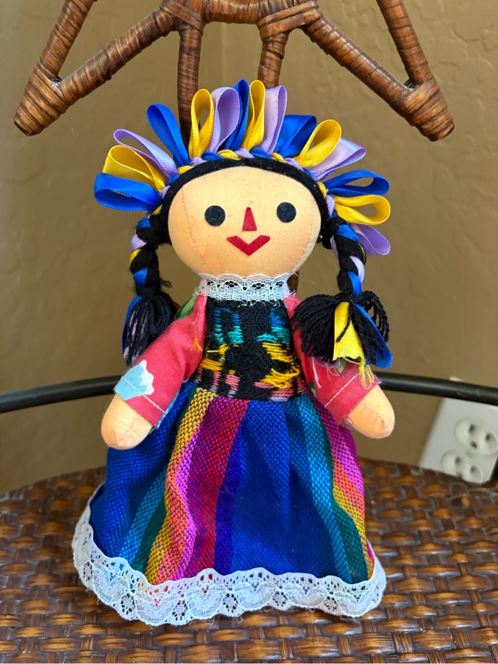 Handmade Authentic Mexican Cloth Doll with Bright Multicolor Dress